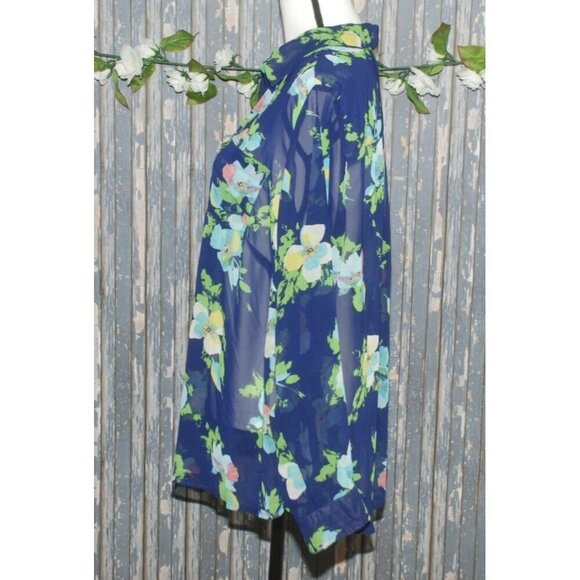 Liz Claiborne Women's Blue Floral Sheer Blouse Top Plus Size 1X V-Neck Long Slee - Picture 4 of 7